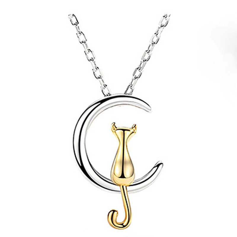 925纯 银项链女森系少女小猫咪锁骨链月牙简约时尚网红同款潮吊坠