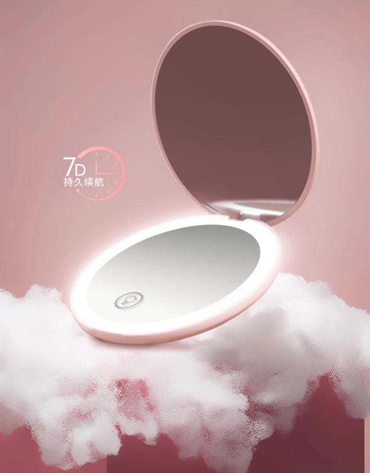 Cross-Border Led Make-up Mirror Makeup on the Go round Palm Double-Sided Fill Light Mirror Folding Mirror 2 Times Magnification Mini Handheld