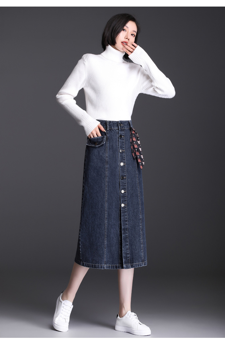 牛仔半身裙2021秋冬新款单排扣气质包臀裙休闲牛仔长裙一件代发