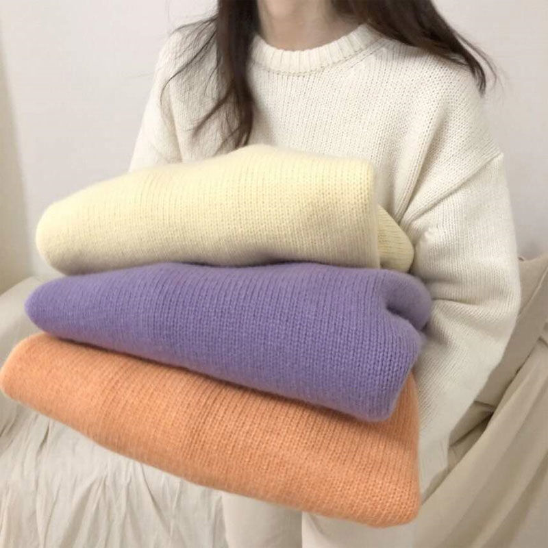2023春季新款韩版宽松针织衫慵懒风外穿套头圆领紫色加厚毛衣女