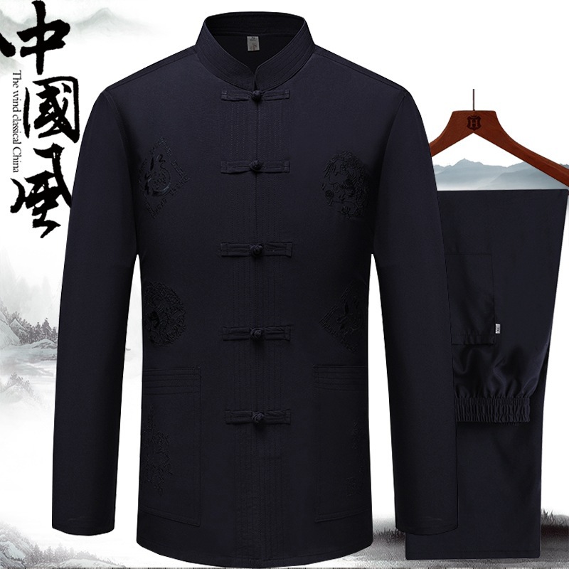 中老年人男士长袖唐装春秋爸爸中国风中式汉服爷爷两件套装衣服薄