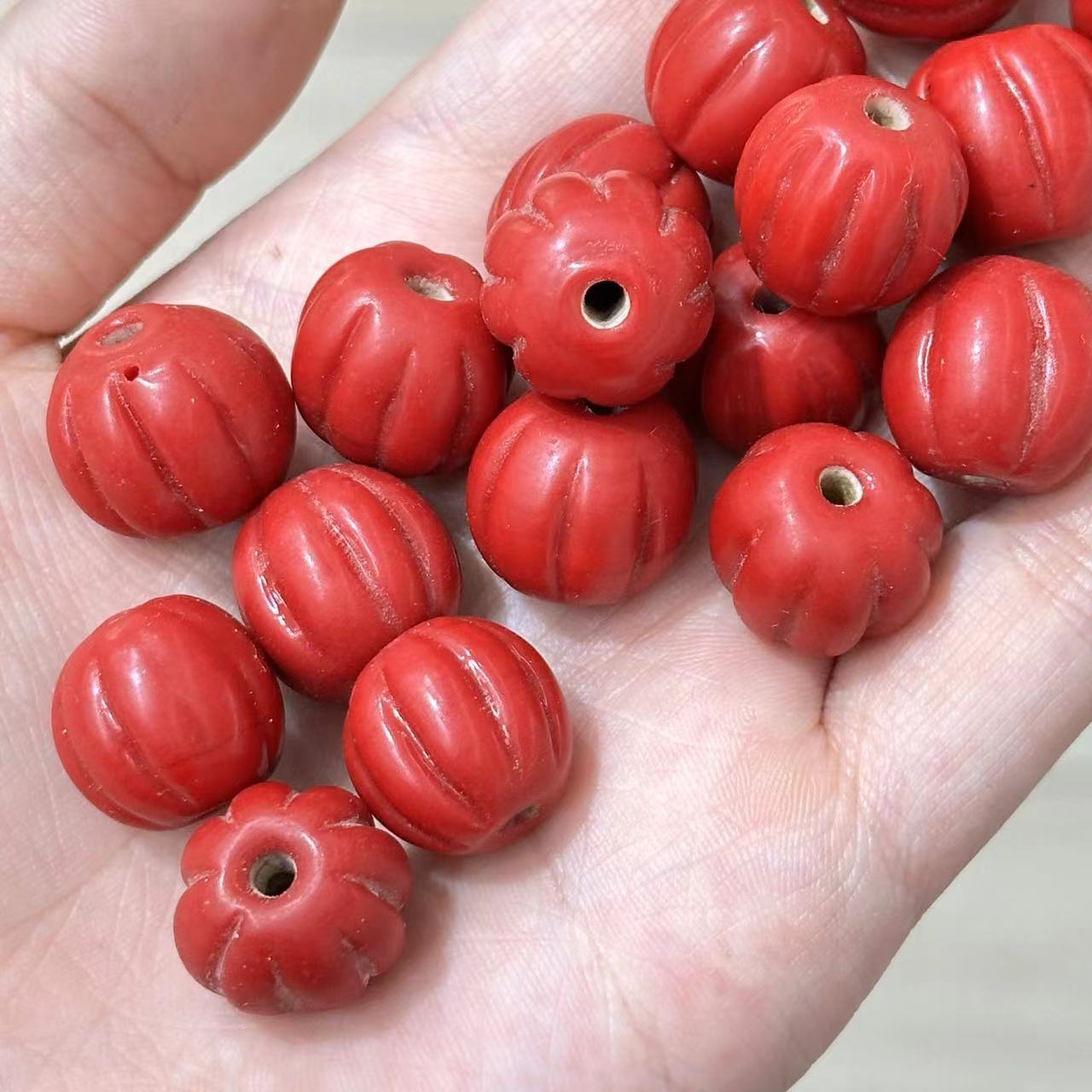 尼泊尔进口红色老琉璃南瓜珠diy文玩佛珠饰品配饰手机链手链吊坠