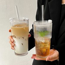 高颜值冷饮杯果汁咖啡杯带盖带吸管竖条纹玻璃杯水杯风大容量
