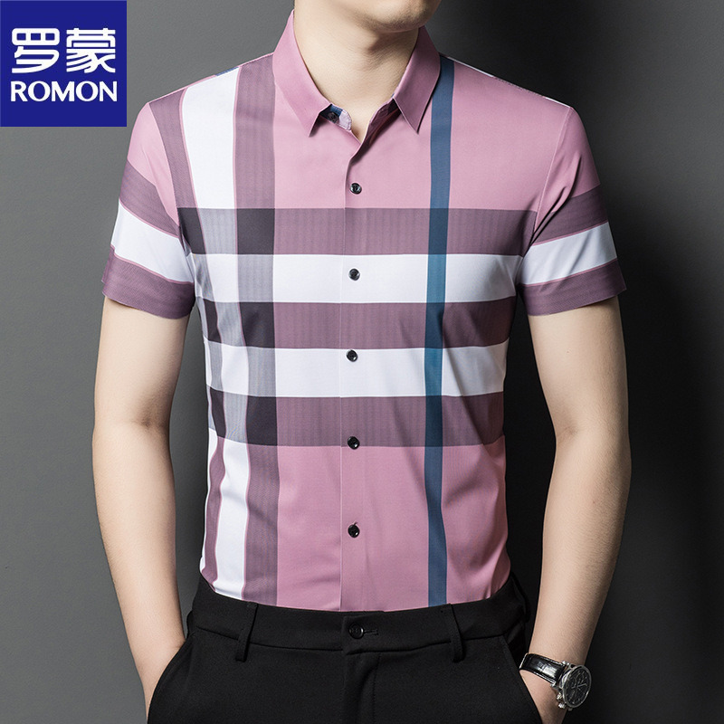 罗蒙短袖衬衫男短袖冰丝格子衬衫夏季薄商务休闲中年男半袖衬衣