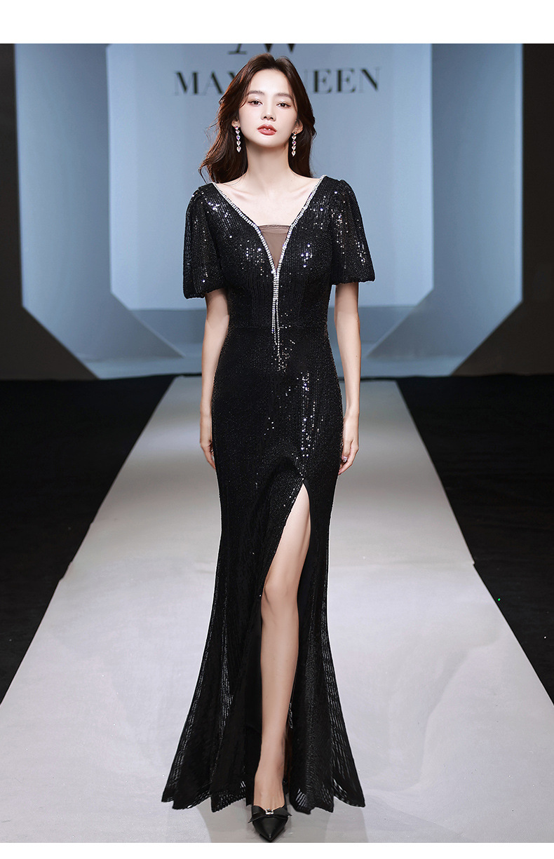 简约年会晚礼服气质显瘦2022新款宴会主持走秀黑色开叉鱼尾礼服裙