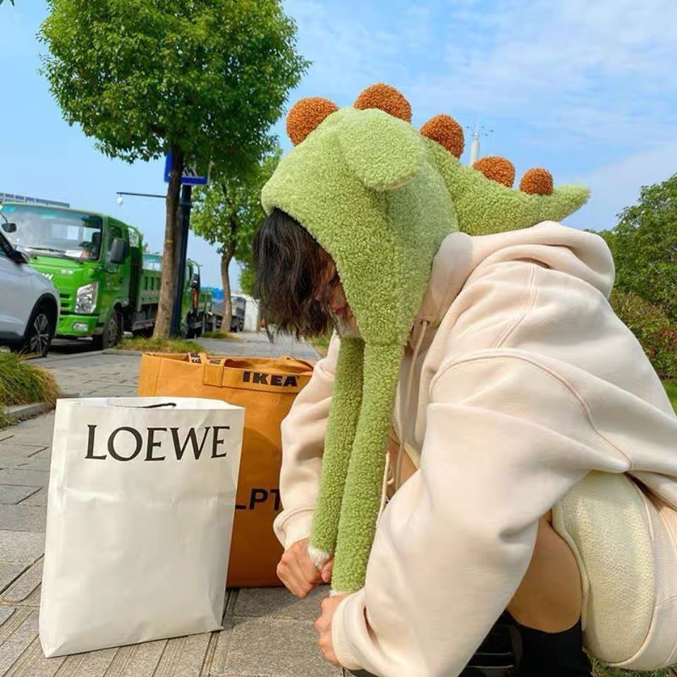 cute funny dinosaur hat men and women autumn and winter lamb fur ears moving cartoon earflaps warm headgear one-piece hat