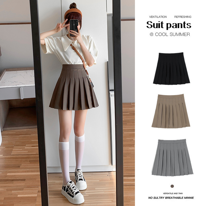 Pleated Skirt Women's Spring and Summer Solid Skirt Khaki A- line Skirt Versatile Skirt Short Skirt Umbrella Skirt Wholesale