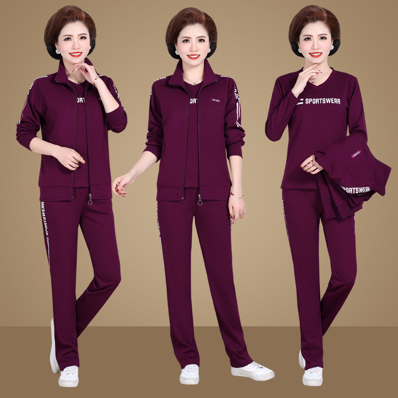 Middle-Aged and Elderly Sportswear Suit Women's Spring and Autumn New Cotton Loose Casual Long and Short Sleeve Three-Piece Suit Mom Spring Clothes