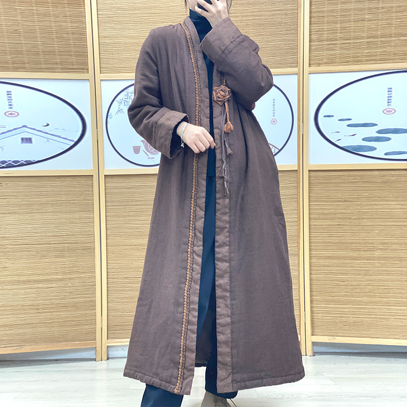 冬季大码长款气质夹棉大袍子高品质色织棉麻拼接手工花朵长外套女