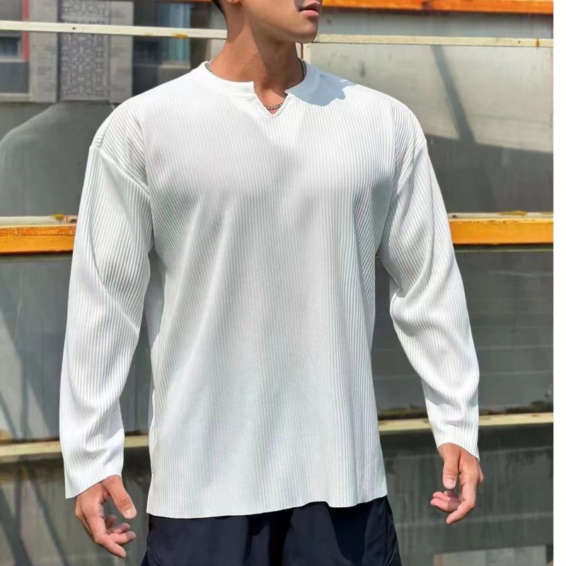 健身长袖男v领褶皱秋冬t恤宽松衣服运动垂感重磅新款训练百搭代发