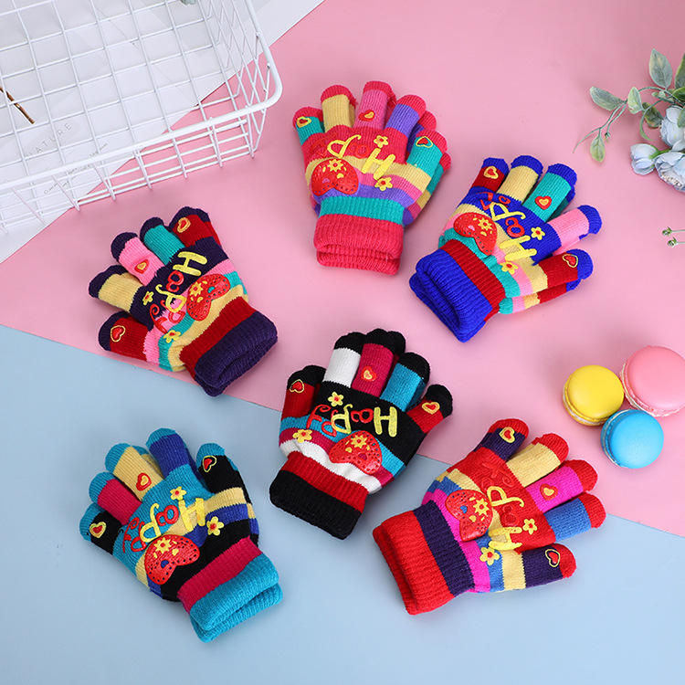 cross-border amazon children‘s gloves warm-keeping and cold-proof cute love double-layer thickened student children‘s gloves wholesale