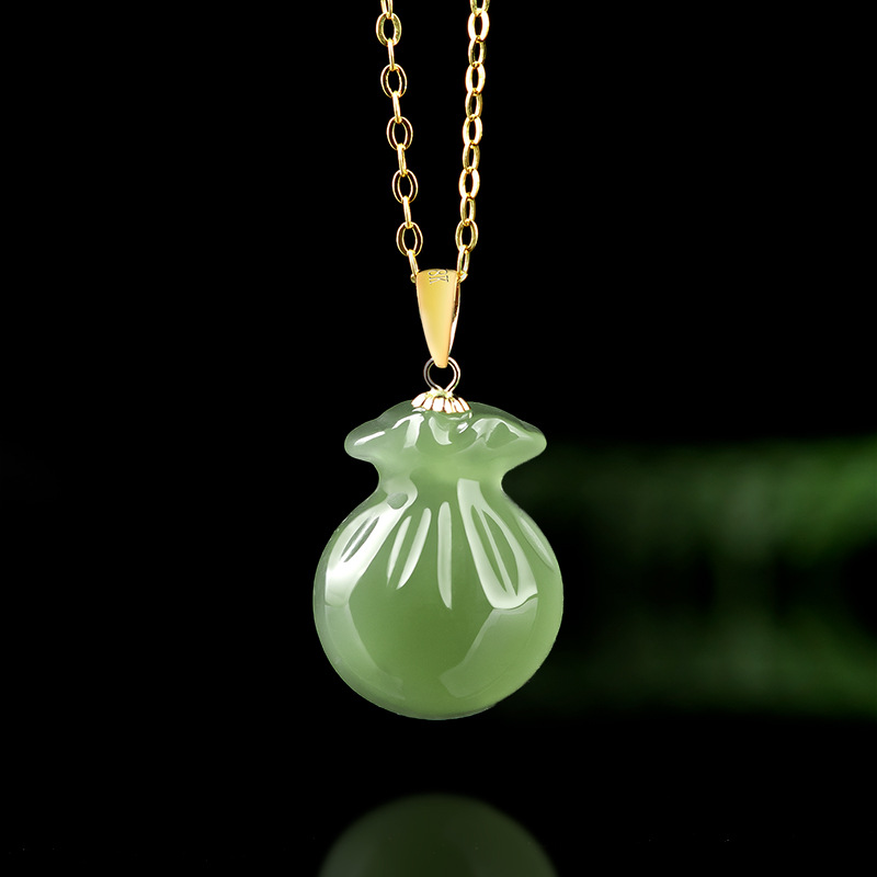 天然老料和田玉钱袋福袋吊坠正品18k金镶玉石项链挂件男士女款