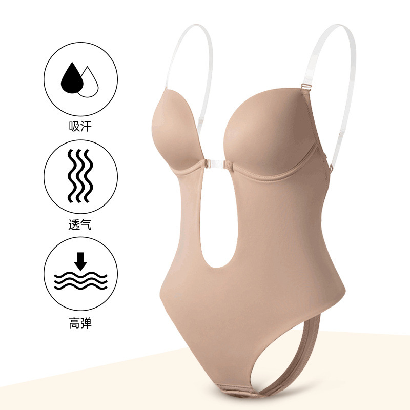 欧美深v领隐形露背塑身连体衣丁字裤透明肩带聚拢文胸塑身连体衣