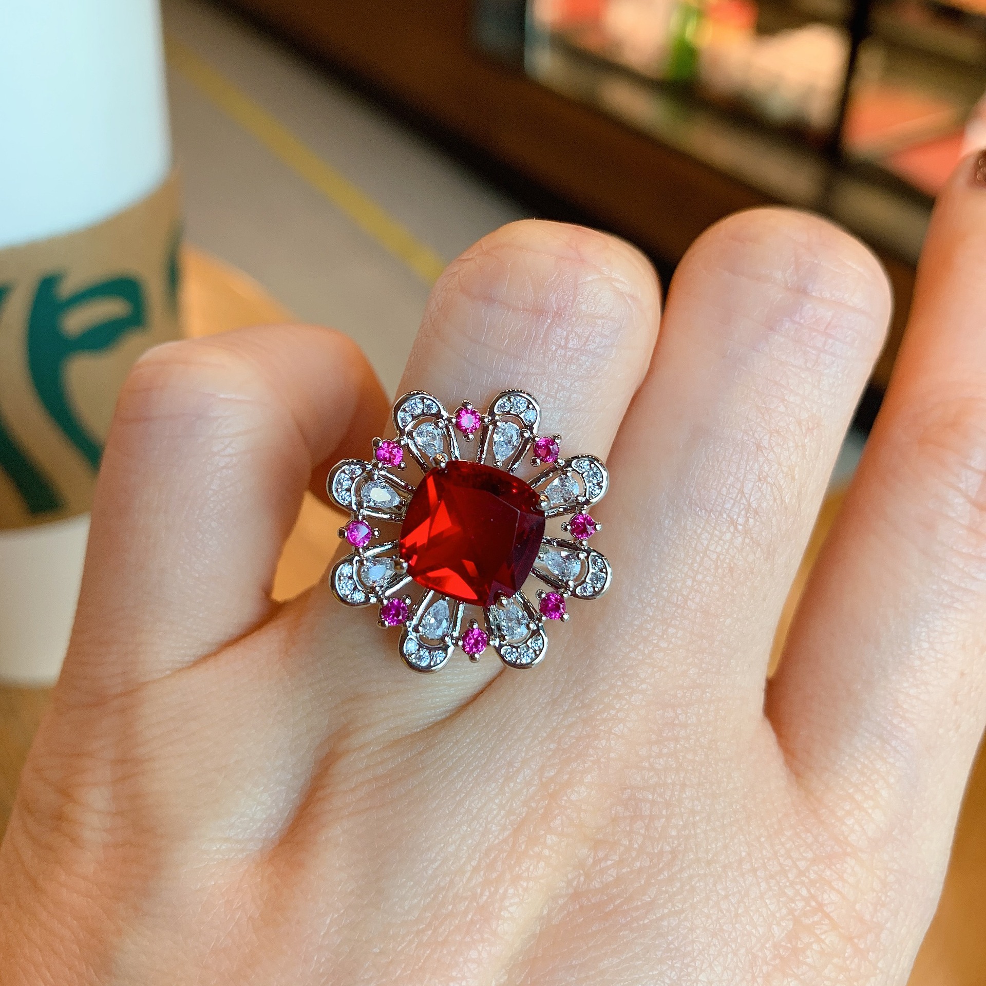 华优美珠宝跨境新款红宝石戒指欧美速卖通仿皇家蓝宝石可调节戒指