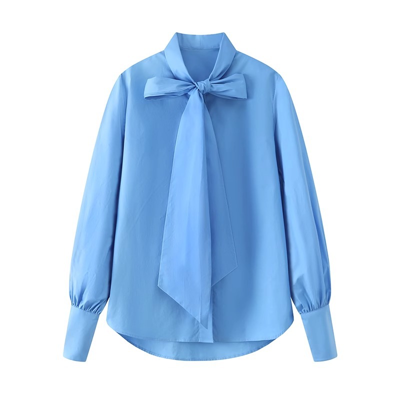 2024春季新款小个子法式气质绑带开襟天蓝色衬衫上衣女-阿里巴巴