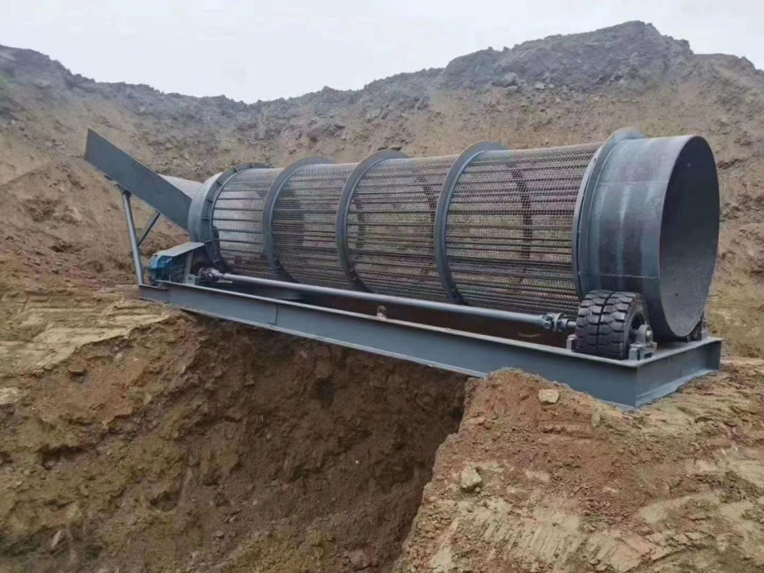 轮胎式沙子石子筛分机 滚筒砂石分离设备 谷物锯末无轴滚筒筛选机