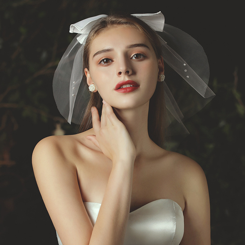 遮面纱唯美蝴蝶结短发散发短头纱新娘婚纱礼服配饰跟妆造型头饰品