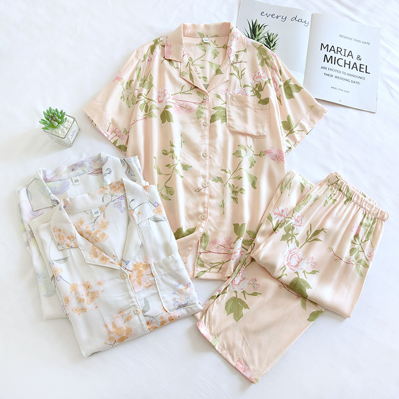Spring and Summer New Satin Floral Printed Homewear Short-Sleeved Trousers Pajamas Suit Rayon Satin