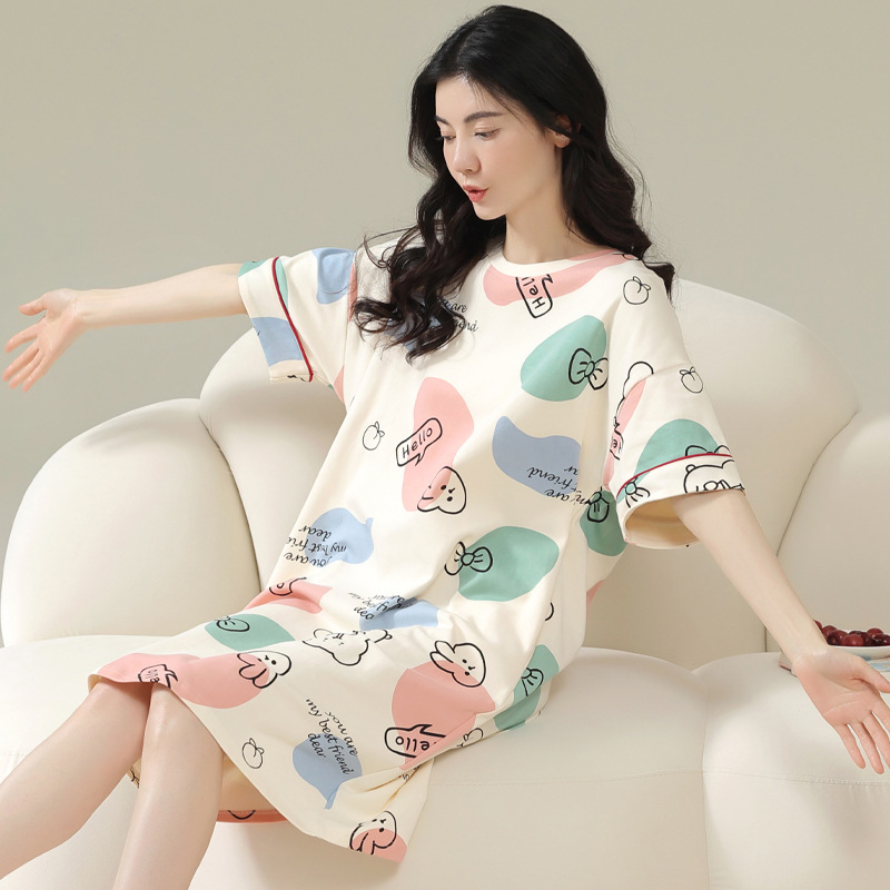 Women's Nightdress Summer Korean Style Tight Cotton Teenage Leisure Thin Short Sleeve Pajamas Summer Home Wear Factory Wholesale