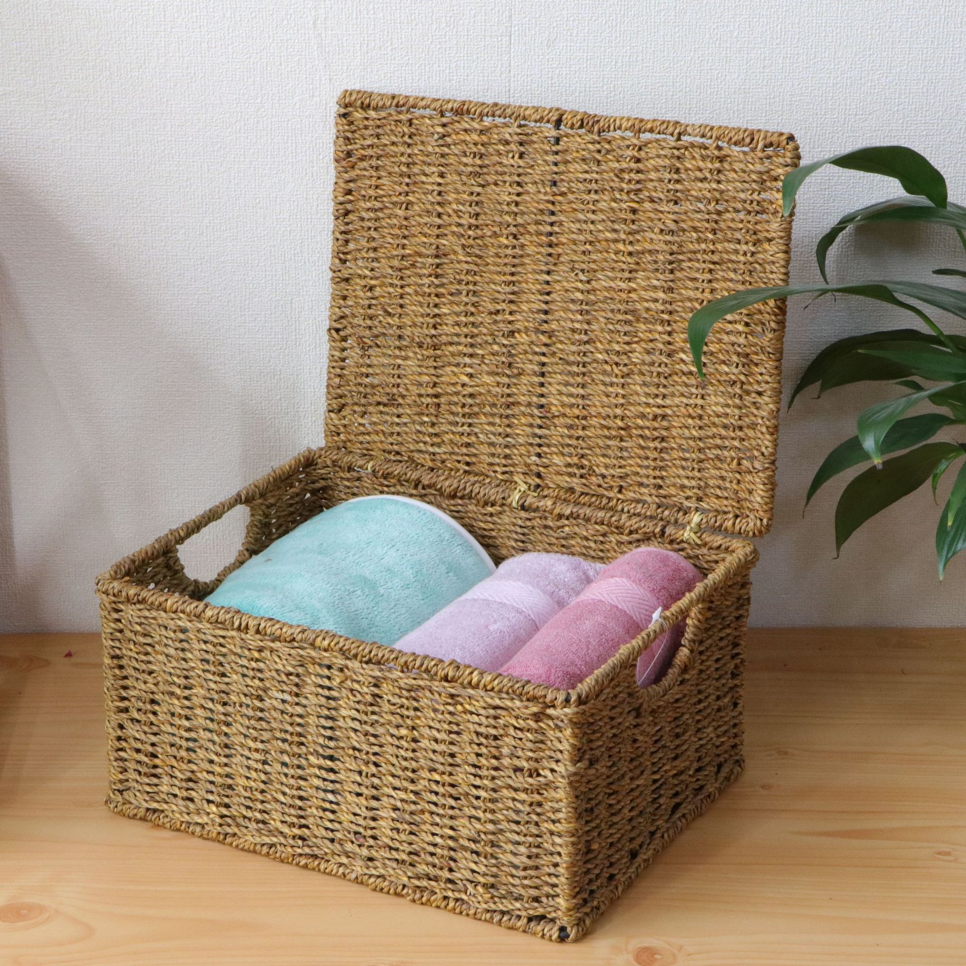 草编收纳箱有盖家用衣物毛巾收纳盒卧室衣柜储物盒杂物收纳长方箱