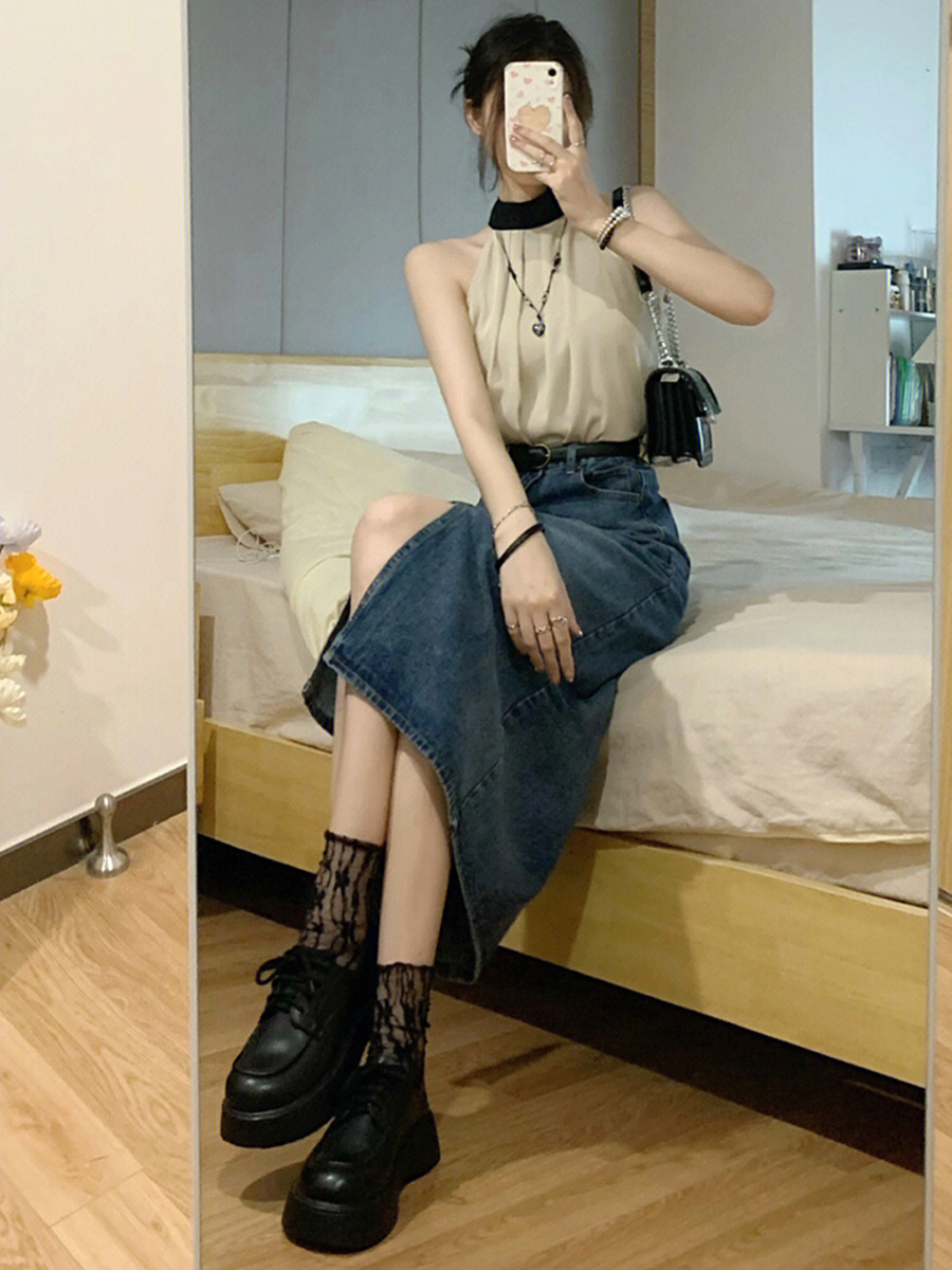 Split Denim Skirt Women's Spring Small A- line Dress Retro High Waist Slimming Mid-Length Hip Skirt