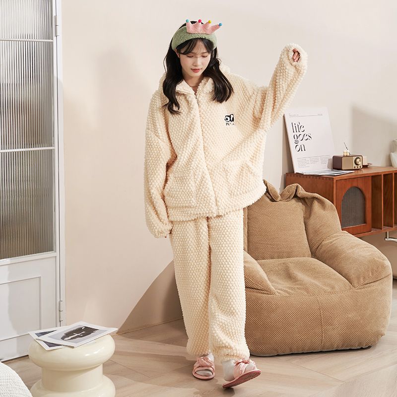 睡衣女冬季珊瑚绒两件套加绒加厚学生卡通可爱连帽拉链家居服套装