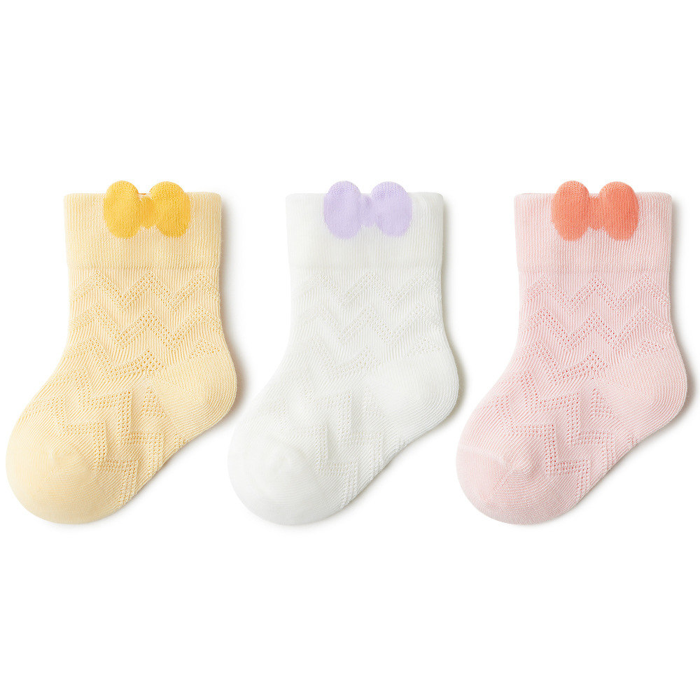 Baby & Kids Short Socks, Summer, Girl Thin Mesh Socks, 3 Pack/Box - Bowknot