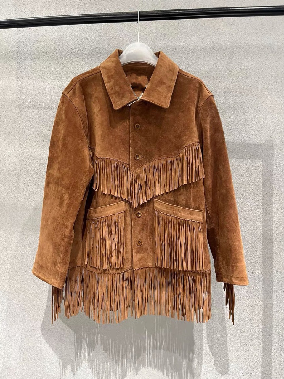 p家同款秋冬新款设计师款流苏宽松落肩反绒皮西装麂皮真皮外套女