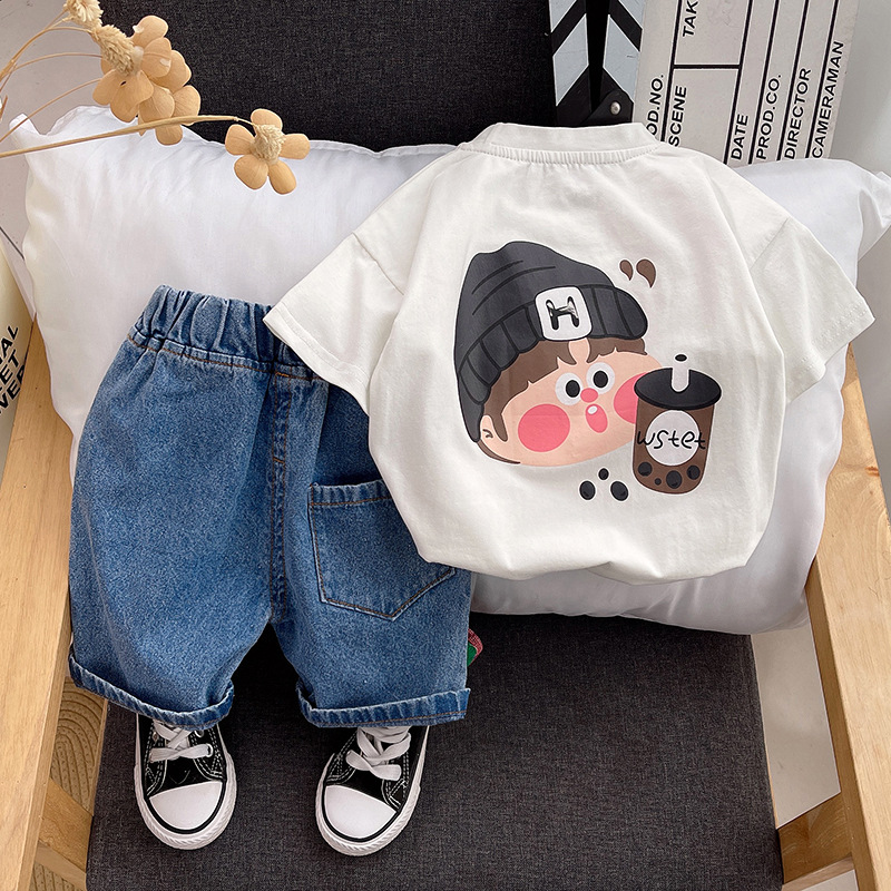 Milk Tea Little Brother Clothes for Boys Girls' Summer Suits 2024 New Summer Clothes Western Style Children's Short Sleeve Korean Style