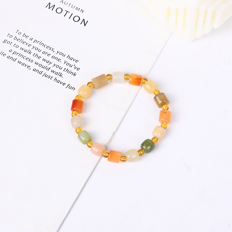 Bracelet Colorful Natural Agate Bracelet Female Student Colorful Gem Light Single Circle Oval Rough Stone Beads New Chinese Style Traditional