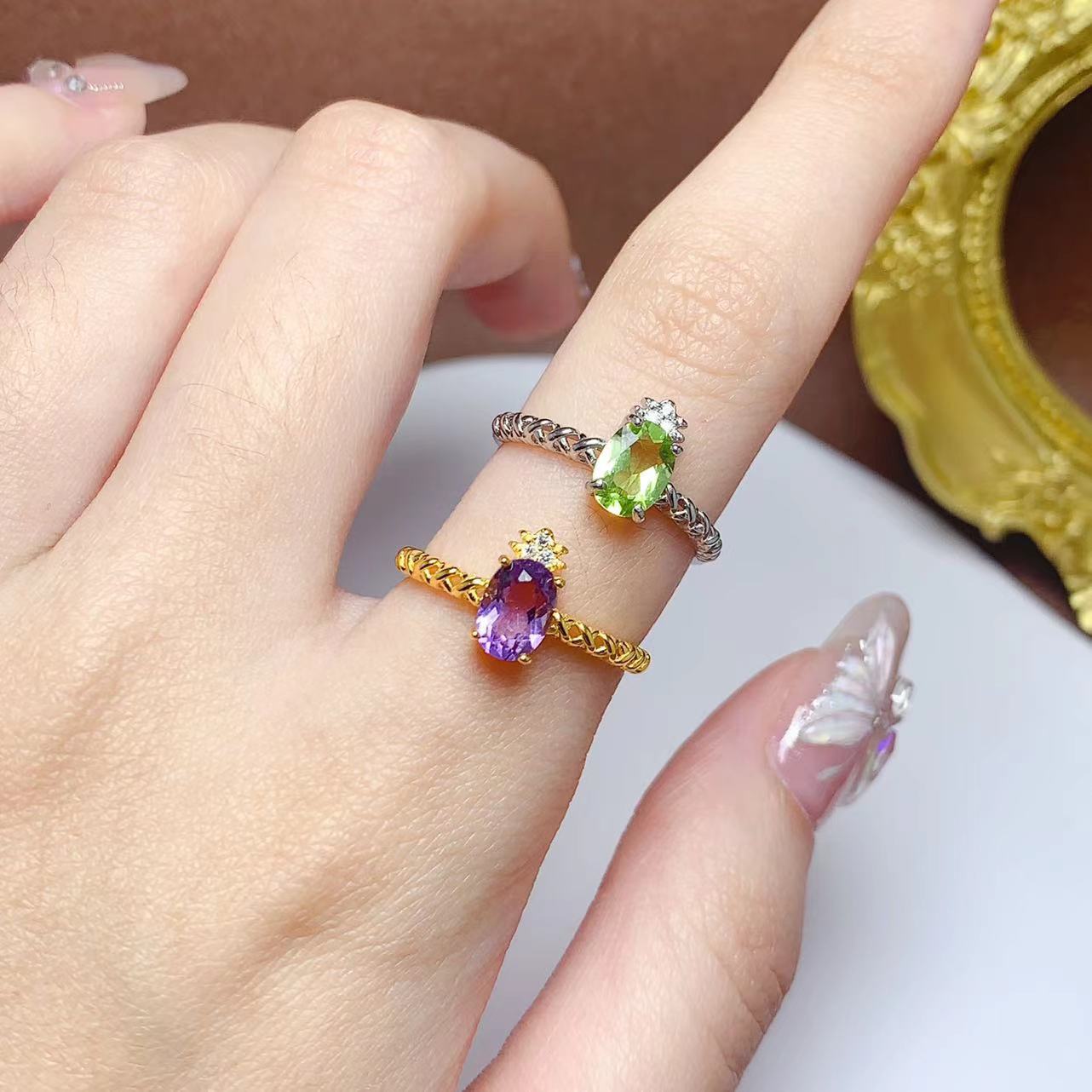 跨境天然橄榄石菠萝戒指 紫水晶戒指 925银镶嵌百搭开口戒指环