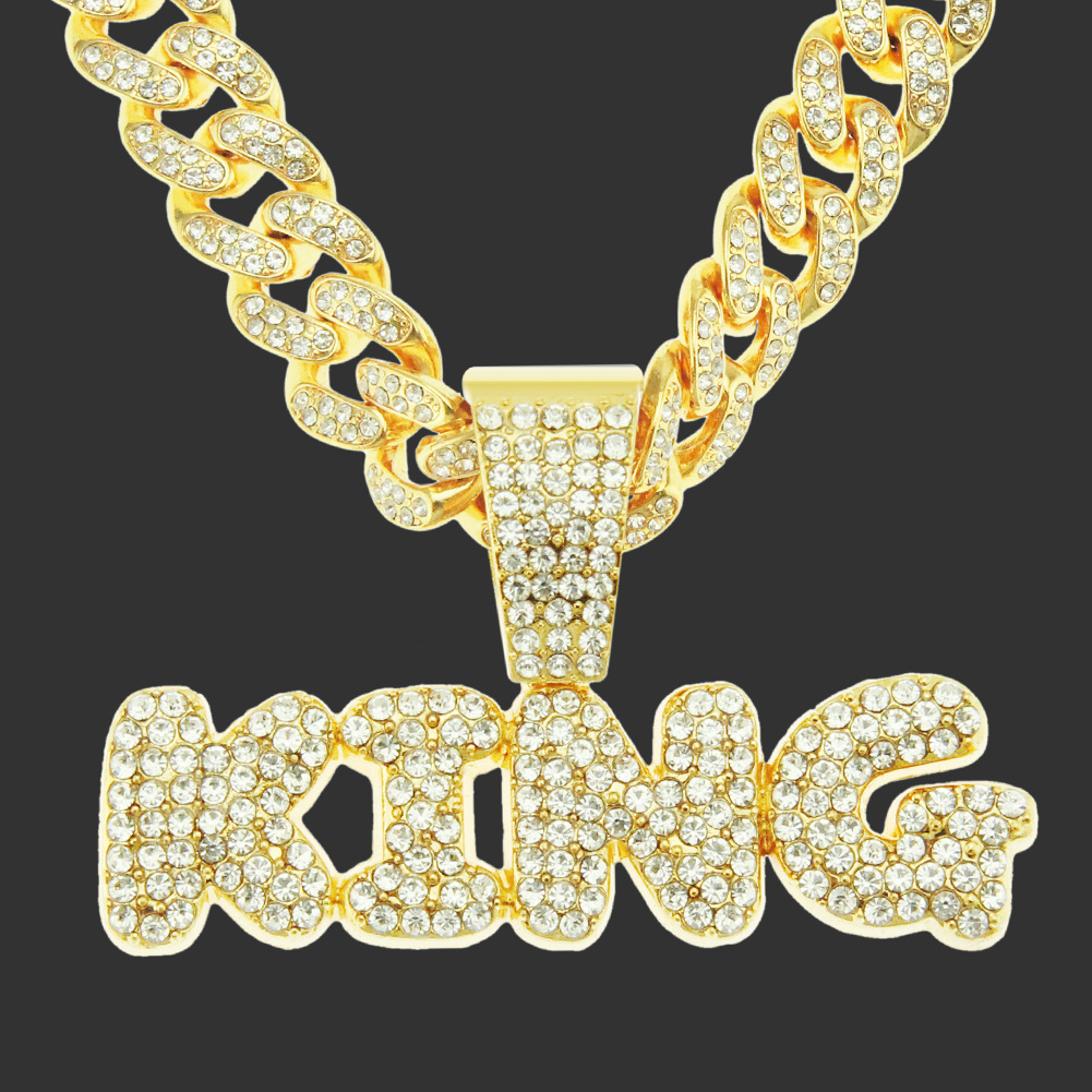男士欧美嘻哈吊坠项链饰品 潮人炫酷king满钻字母古巴链配饰挂件