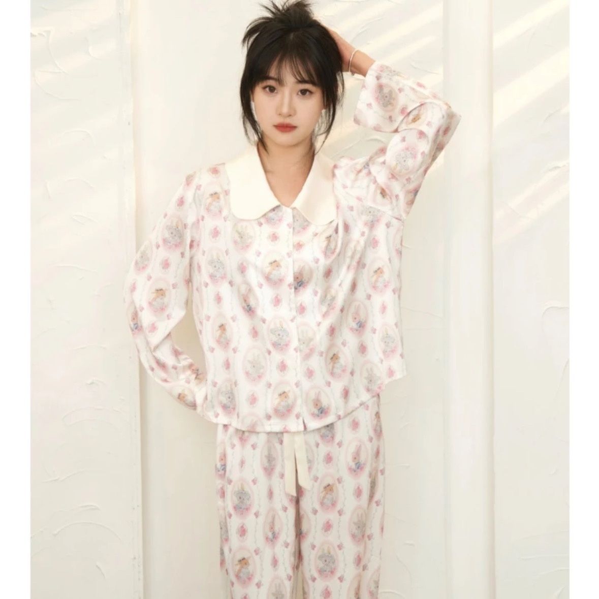 [Pastoral Rabbit] Ice Silk Pajamas for Women Spring and Summer New Long-Sleeved Homewear Suit Light Luxury High-End Sense Can Be Worn outside
