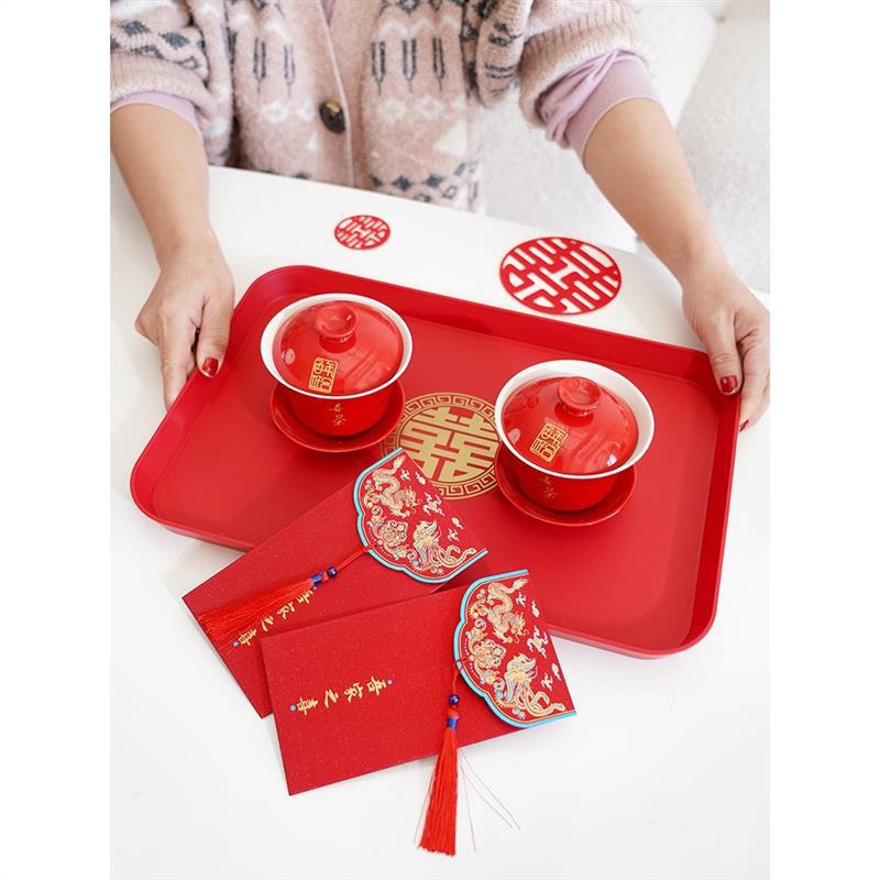 红色盘子塑料干果盘结婚喜盘婚庆托盘圆形新娘敬茶喜字-阿里巴巴