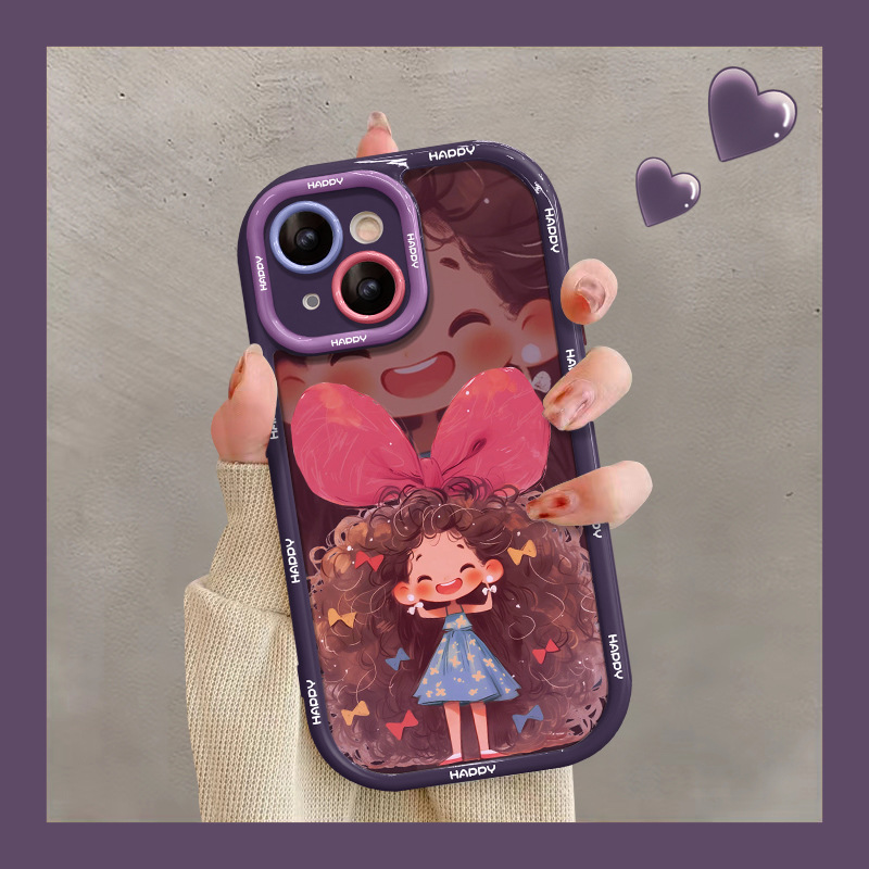 卷发微笑女孩适用华为mate60pro手机壳小米14卡通opporeno9荣耀70