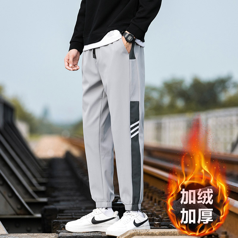 Fleece-lined Men's Casual Pants Winter Korean Style Trendy Loose Thicken Ankle-Tied Cropped Pants Men's Fleece Work Pants Men's