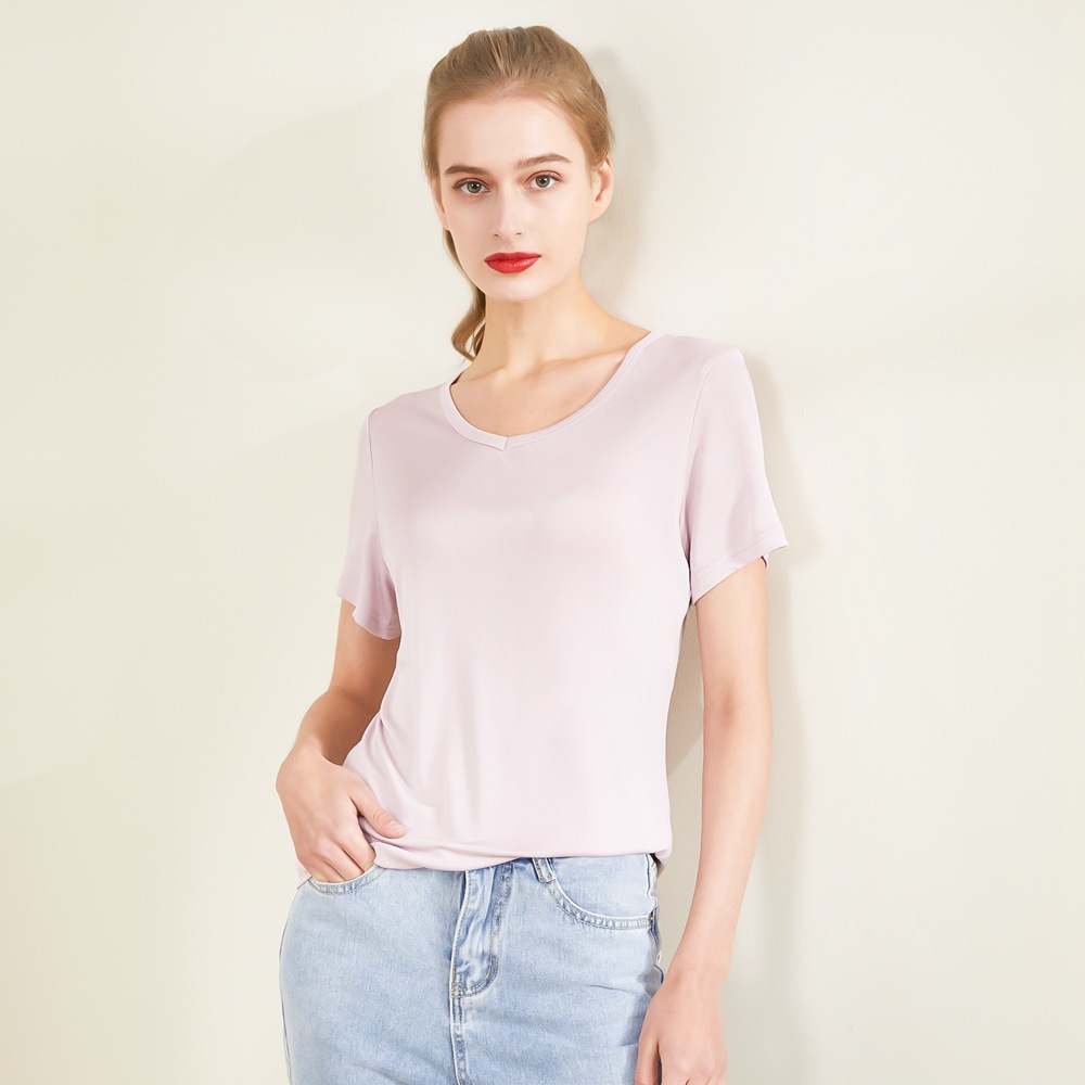 博航新款桑蚕丝短袖莫代尔色系丝滑冰感真丝上衣修身v领t恤女批发