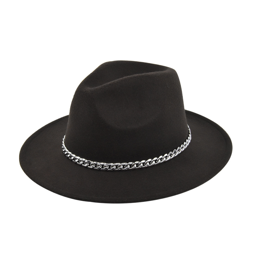 小银链新款毛呢礼帽闪光铁链爵士帽复古黑色羊毛呢帽平檐大檐帽