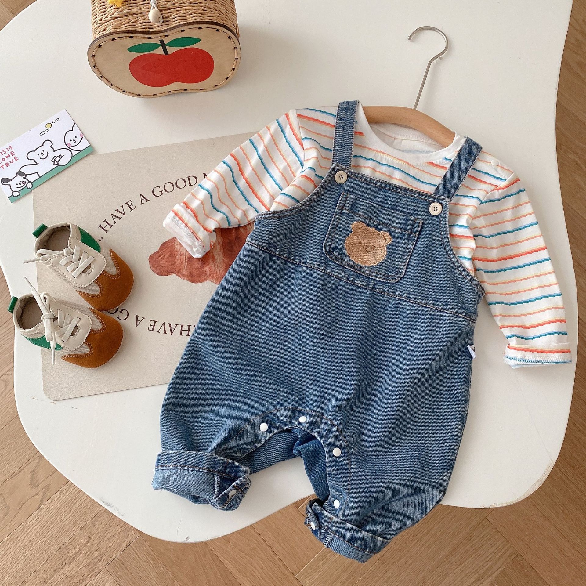 Baby Bear Overalls 0-2 Years Old Autumn Baby Solid Color Jeans Children's Soft Autumn Jumpsuit Ak001