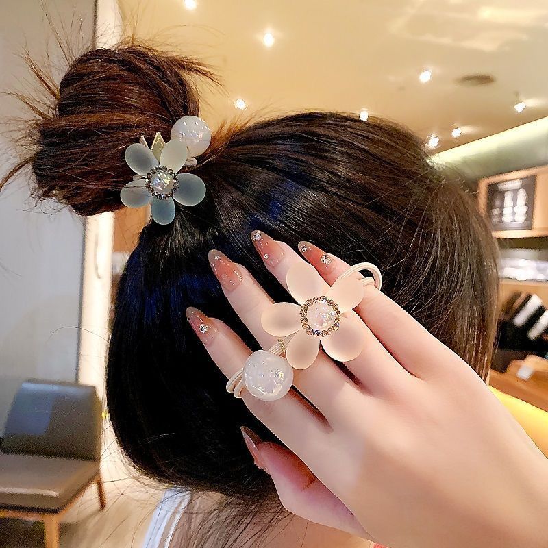 Women's Korean-Style Fairy Temperamental Five-Petal Flower Double-Strand Hair Rope Super Flash Rhinestone High-Grade Ponytail Hair Ring All-Match Hair Accessories