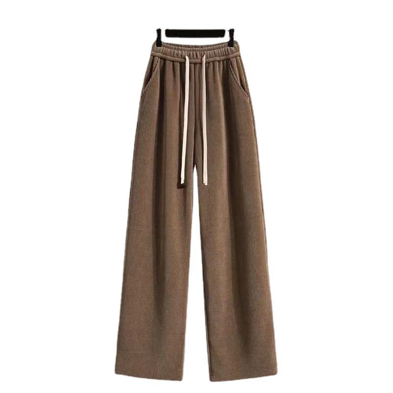 150.00kg plus Size Fleece-lined Thickening Wide Leg Pants Women's Winter Drawstring High Waist Loose and Slimming Straight Casual Mopping Pants