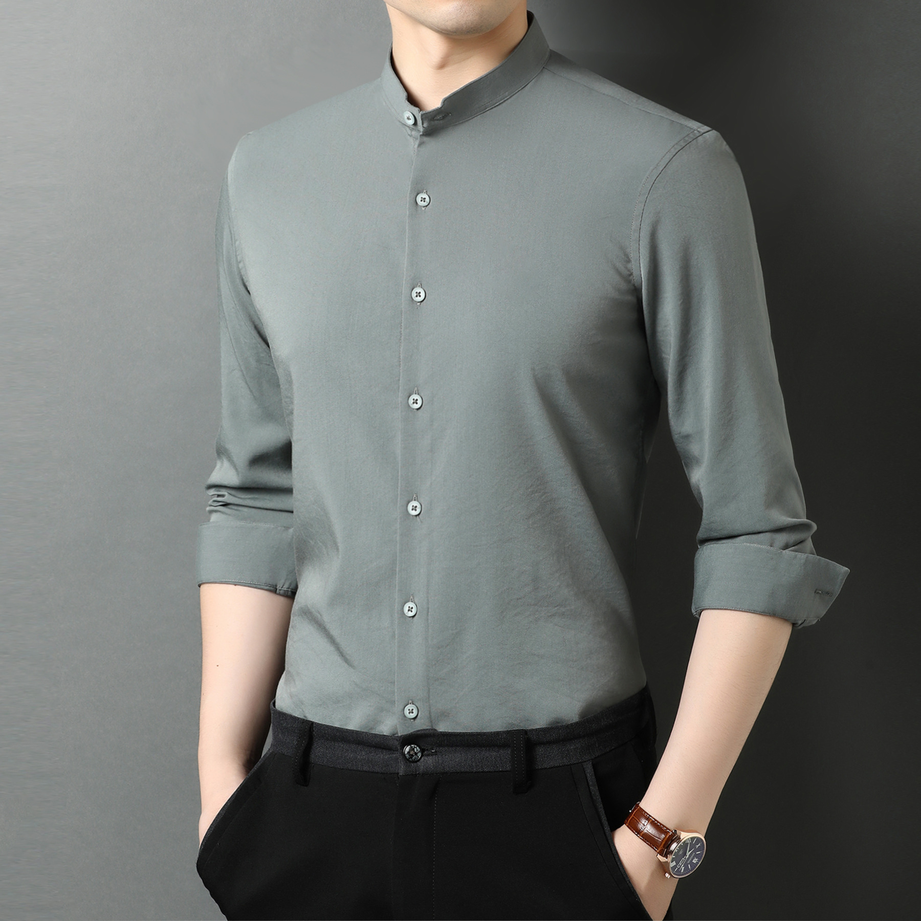男士春秋新款立领长袖衬衫纯色商务休闲中年无领男装中山装衬衣
