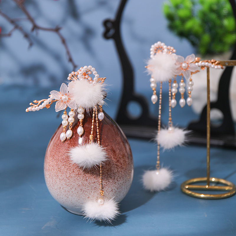 汉服毛球发夹古装珍珠流苏边夹手工花朵夹子配饰女童发饰古风竟沉