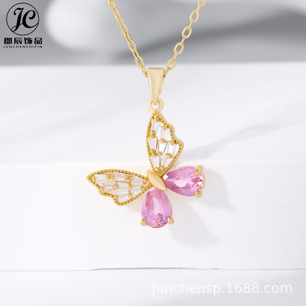 跨境欧美镶锆石蝴蝶项链不掉色女夏简约小众设计时尚气质百搭饰品