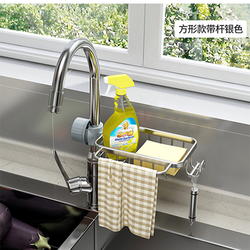 Racks Hanging on a Faucet Kitchen Alumimum Sink Sponge and Cloth Hanging-Type Drain Basket Sink Storage Rack Punch-Free