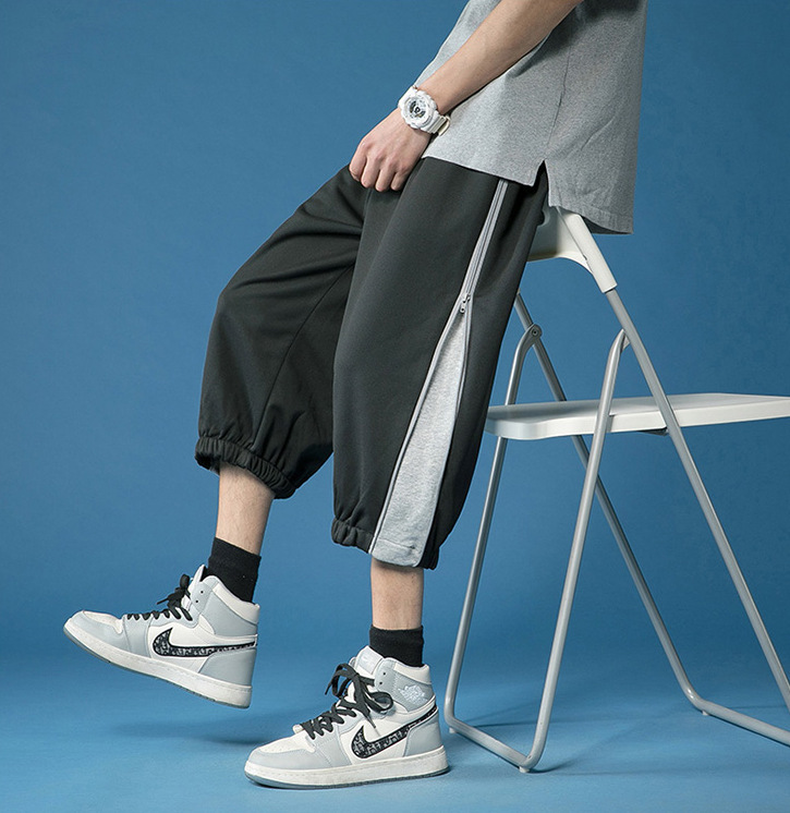 拉链裤子男士潮牌白色短裤男夏季外穿宽松七分裤束脚7分运动裤潮