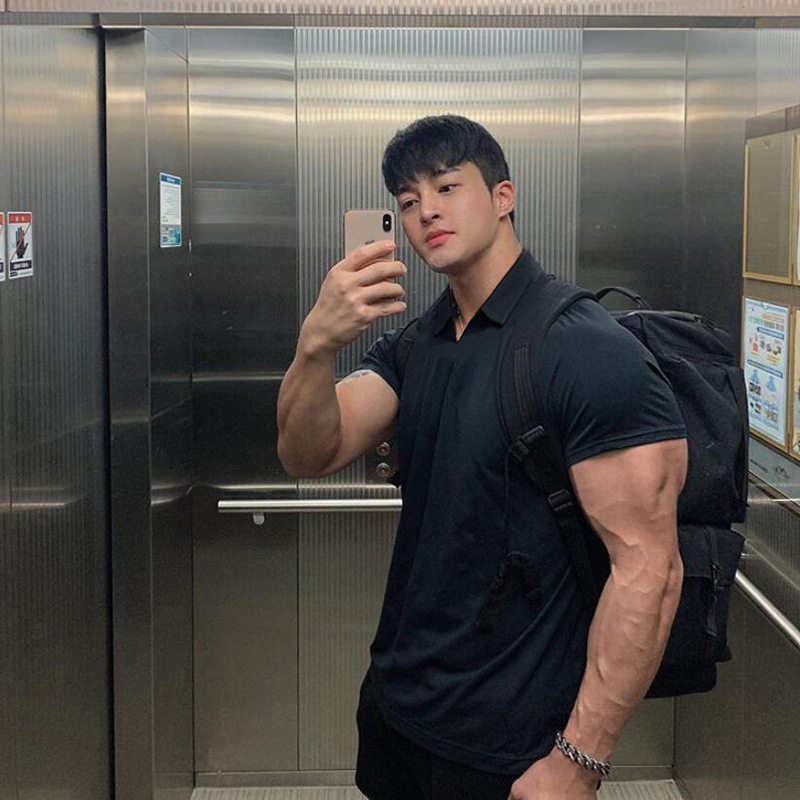 欧美肌肉男小v领polo衫夏季运动翻领短袖男 健身紧身衣跑步训练服