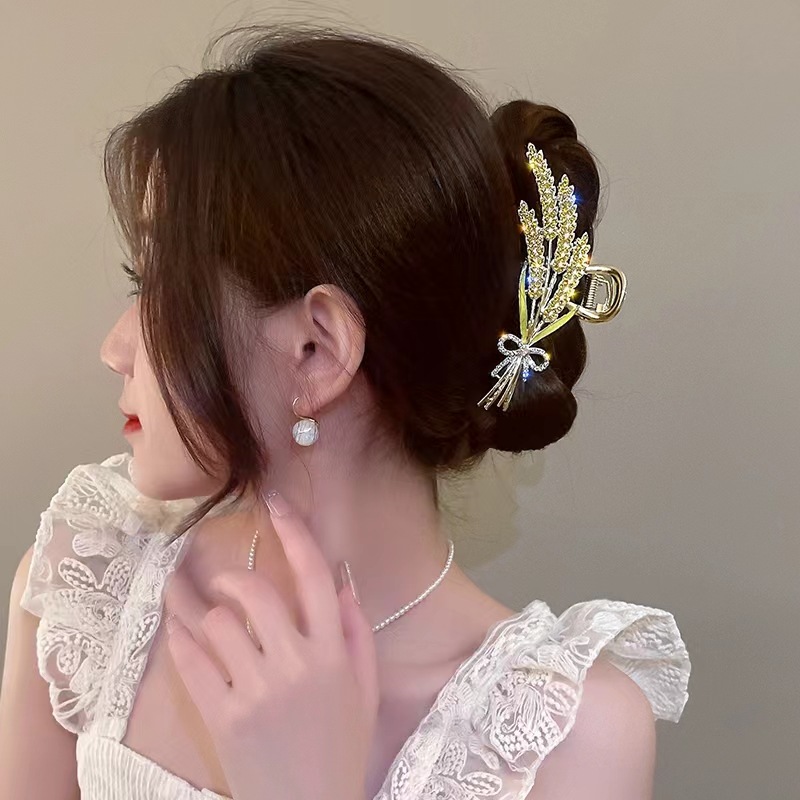 Shiny Diamond-Encrusted Metal Wheat Large Hair Clip Female Back Head Updo Shark Clip 2023 New Online Influencer Headdress