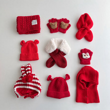 2023年新年儿童红色喜庆韩版护耳帽宝宝围脖冬季红色手套系列帽潮