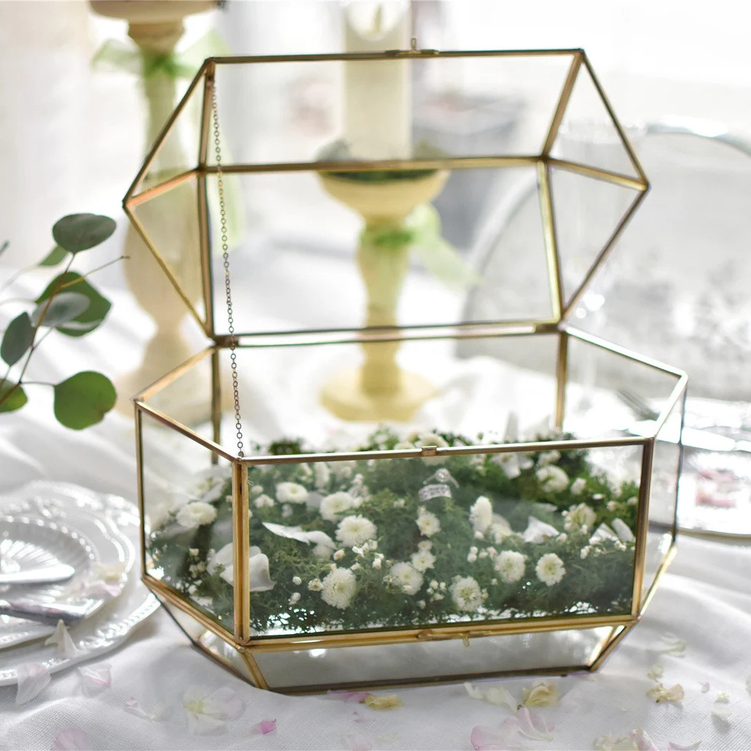 简约现代透明几何玻璃桌面收纳盒双开防尘收纳展示架婚礼伴手礼盒